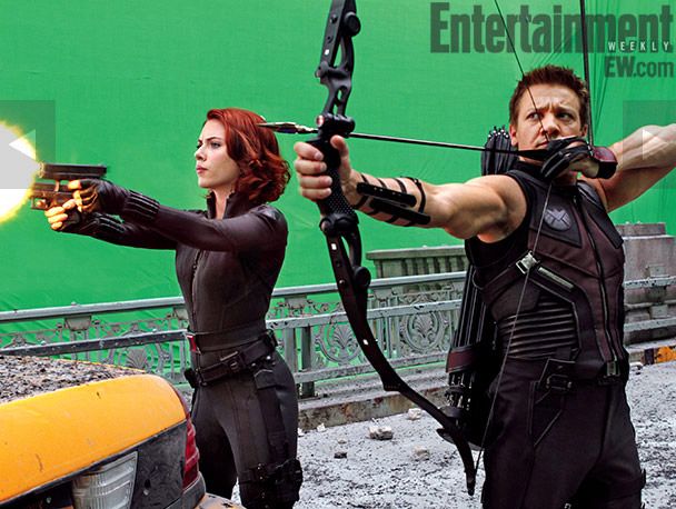 Scarlett Johansson and Jeremy Renner shootin' stuff