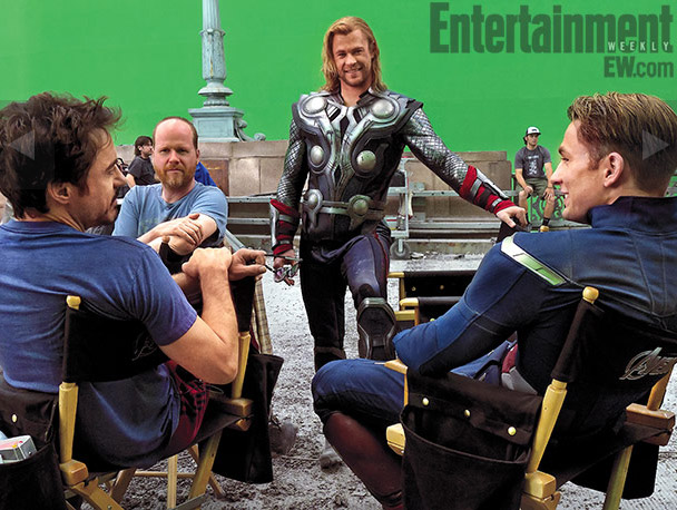 Chris Hemsworth, Chris Evans, Robert Downey Jr and director Joss Whedon on set